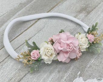 Blush and Ivory Headband, Newborn Headband, Newborn Flower Crown, Flower Hair Clip, Bridal hair Clip, Flower Girl Crwon