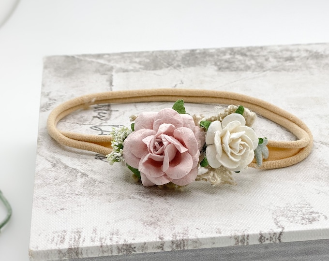 Petite blush pink and beige baby Headband, Newborn Headband, Nylon Headband, Baby Girls Headband, Newborn Flower Crown, Pink baby headband