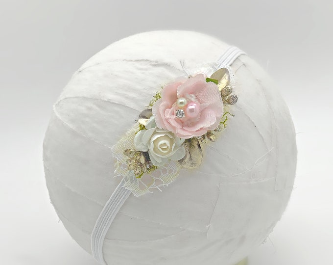 Pink and Gold Newborn Headband, Baby headband, Small flower headband, Floral headband
