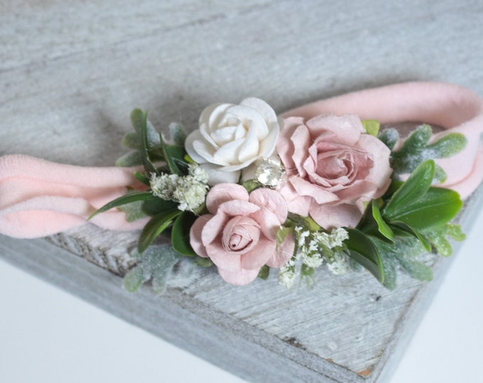 Pink and Ivory Flower Headband, Newborn Flower Crown, Newborn Headband, baby flower headband, Flower girl headband, Flower Crown