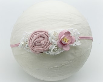 Pink and white newborn headband, baby headband, girls headband, petite headband, small flower headband