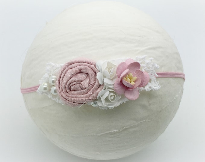 Pink and white newborn headband, baby headband, girls headband, petite headband, small flower headband