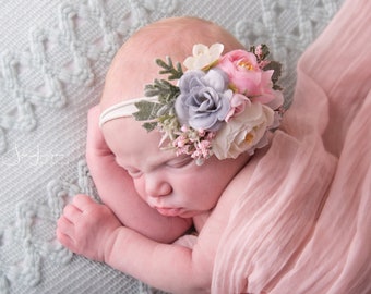 Pink and Gray Floral headband, Baby Headband, Girls Headband, Flower Girl Headband, Pink and Gray Flower Crown, Newborn headband,