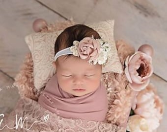 Blush and Gold newborn Headband,  flower crown, flower girl headpiece, Flower Girl Headband, Wedding Headband, Baptism, Christening