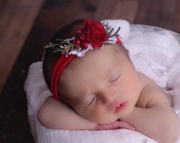 Christmas Baby Headband, Red flower Headband, Christmas newborn Headband, Newborn Photo prop