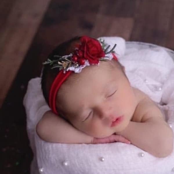 Christmas Baby Headband, Red flower Headband, Christmas newborn Headband, Newborn Photo prop