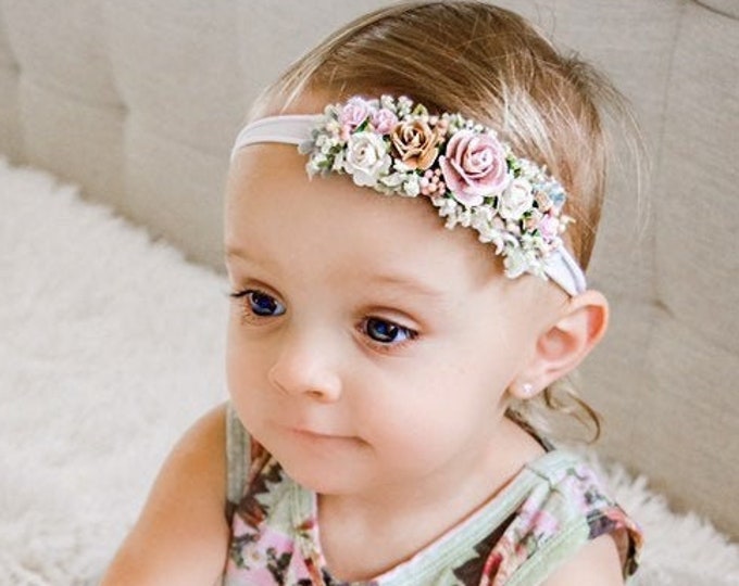 Blush Pink Ivory Taupe Flower Headband, Newborn Flower Crown, Newborn Headband, Blush Ivory baby headband, Flower girl headband,Flower Crown