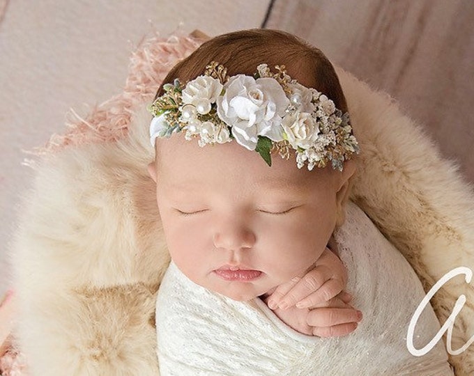 Newborn White Flower Headband, Christening Headband, Christmas Headband, Flower Girls Headband, Bridal Headband, Wedding Headpiece