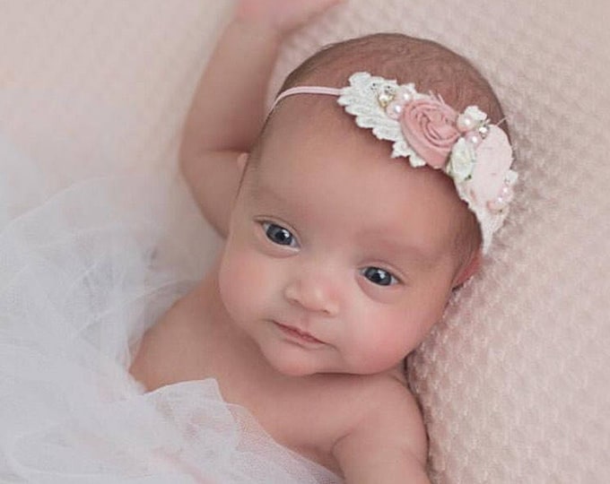 Pink and White Newborn Headband, Baby Headband, Girls Headband, Toddler Headband, Infant Headband, Flower girl headband