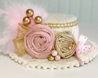 Pink Gold And Ivory Vintage Clown Top Hat, Mini Top Hat, Birthday Hat, Victorian Top Hat, Pageant Hat, Girls Hat, Newborn Hat, tea party hat
