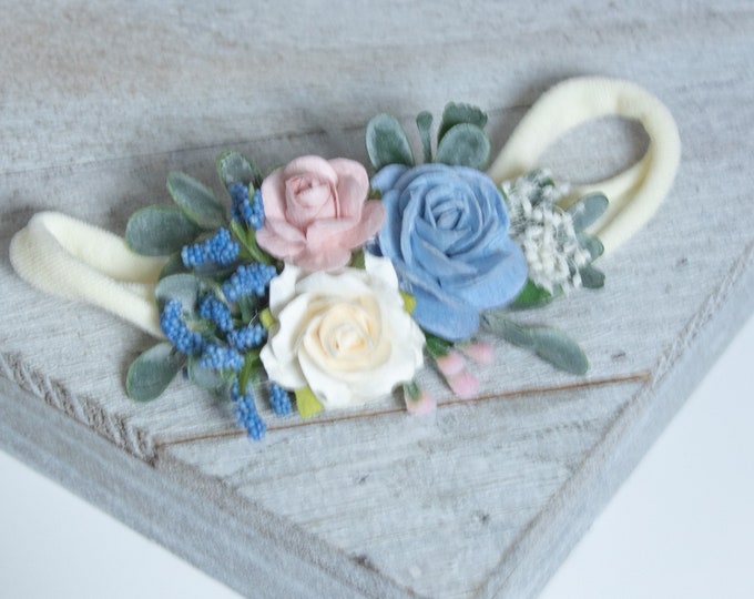 Blush Ivory Blue Flower Headband, Newborn Flower Crown, Newborn Headband, Baby headband, Flower girl headband, Flower Crown