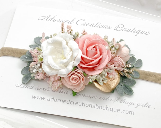 Blush Peachy Pink and Gold newborn Headband, Flower Crown,Baby Girl headband,Flower Girl Headband,Wedding Headband, floral crown,Hair Clip