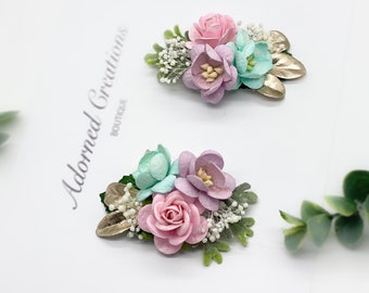Floral Hair Clips, Pigtail Clips, Pigtail Bows, Piggy Set, Hair Clips, Wedding Clips, Floral Hairpiece, Pink, Lavender, Blue
