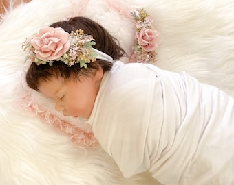 Blush Pink and Gold newborn Headband,  flower crown, Baby Girl headband, Flower Girl Headband, Wedding Headband, Photography Prop, Hair Clip