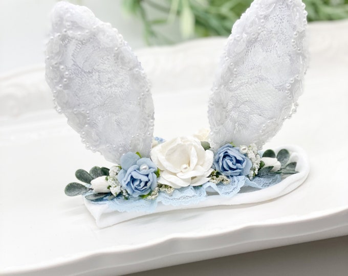 Blue and White Bunny Ears Headband,Easter Headband, Baby Bunny Headband,Bunny Ears Headband,Newborn Headband,Baby Headband,Woodland Headband