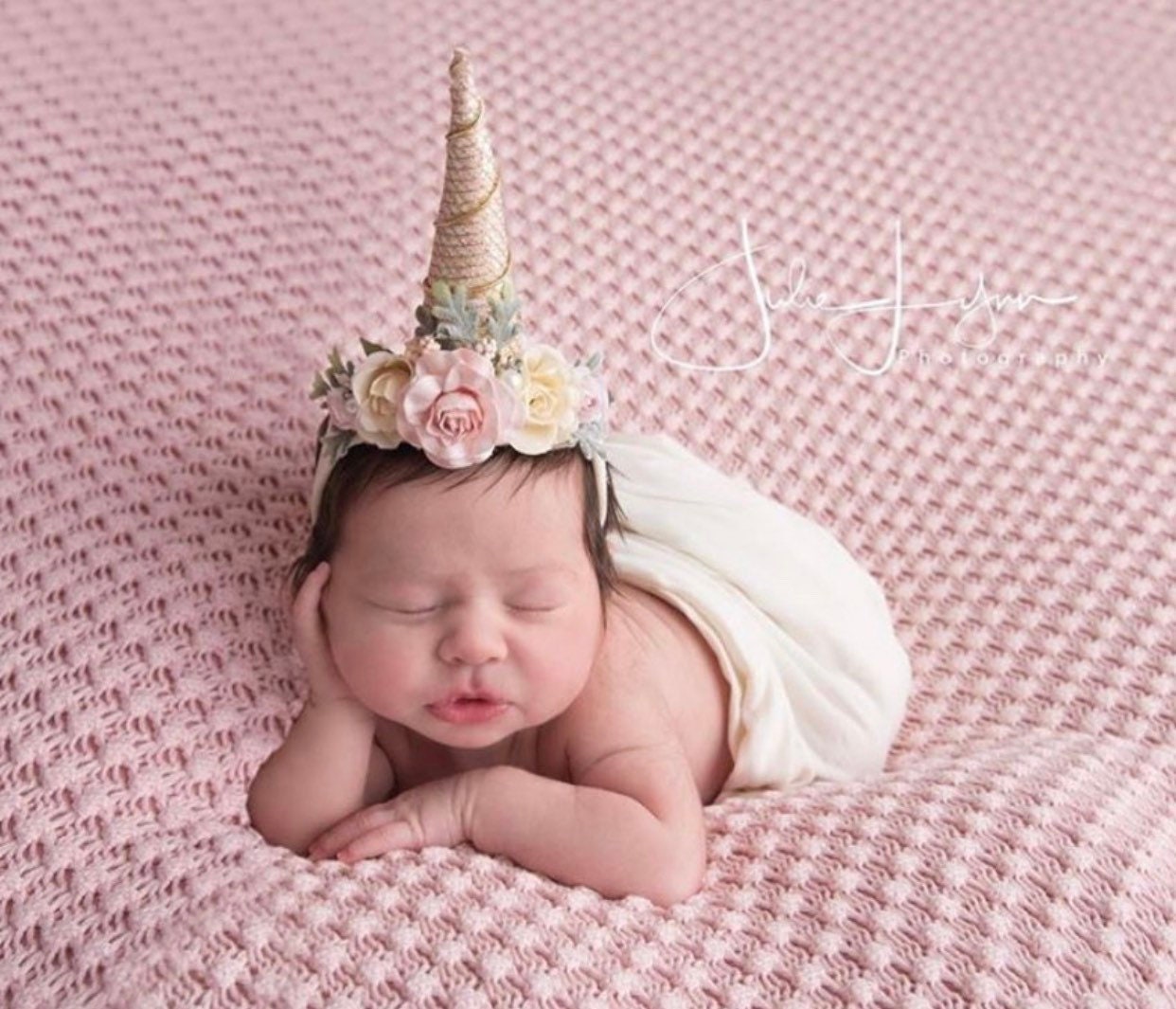 Nylon Baby Headband Pink and Ivory Unicorn Headband Pink Unicorn Bows Gold Unicorn Horn Headband Ivory Headband Unicorn Baby Headband