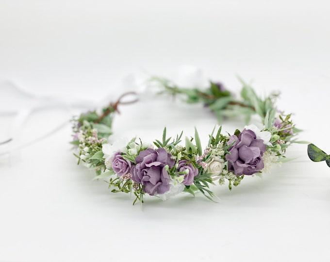 White and Lavender Purple Flower Crown , Flower Girl Crown, Flower Crown, Halo Flower Crown,Bridal Crown, Maternity Crown, Wedding Headpiece