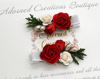 Christmas Hair Clips, Red and White Hair Clips, Pigtail Bows, Piggy Set, Hair Clips, Wedding Clips, Floral Hairpiece, Baby Hair Clips