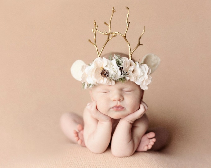 Newborn Reindeer Flower Crown, Reindeer Headband, Newborn Photo Prop, Christmas Headband, Neutral colored Flower crown,Birthday Deer