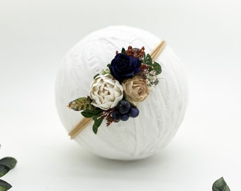 Fall Flower Headband - Girls Headband - Newborn Flower Crown - Flower Girl Headband - Wedding Headband - Flower Crown -Baby Headband, Navy