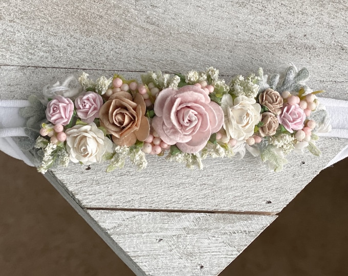 Blush Ivory Taupe Flower Headband, Newborn Flower Crown, Newborn Headband, Blush Ivory baby headband, Flower girl headband, Flower Crown