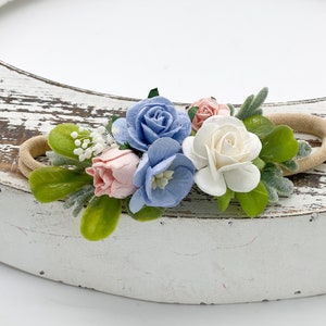 Blush Pink and Blue Baby Headband - Girls Headband - Corona de flores recién nacidas - Flower Girl Headband - Wedding Headband - Flower Crown