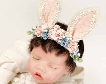 Blush Pink and blue Bunny Ears Headband, Easter Headband, Baby Bunny Headband, Bunny Ears Headband,Newborn Headband, Baby Headband