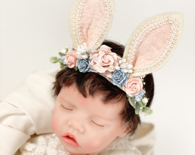 Blush Pink and blue Bunny Ears Headband, Easter Headband, Baby Bunny Headband, Bunny Ears Headband,Newborn Headband, Baby Headband