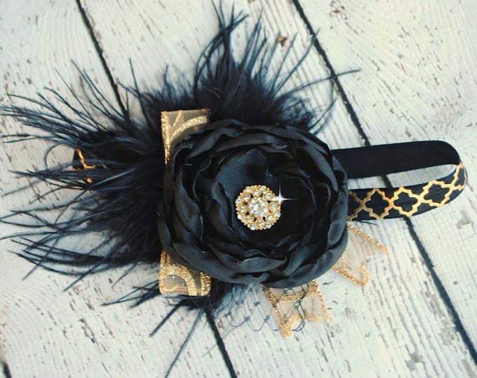 Black and Gold Christmas Headband, Girls headband, Baby Headband, toddler headband, photography prop, Christmas Pictures, Satin Flower