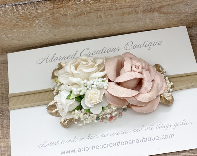 Blush and Gold newborn Headband,  flower crown, flower girl headpiece, Flower Girl Headband, Wedding Headband, Baptism, Christening