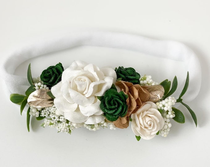 Emerald Green and White Headband, Flower Headband, Flower girl Headband,Newborn Headband, all Newborn Photo prop,Green and Gold Headband