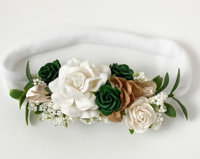 Emerald Green and White Headband, Flower Headband, Flower girl Headband,Newborn Headband,Newborn Photo prop,Green and Gold Headband