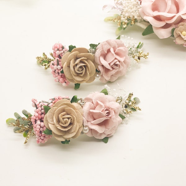 Floral Hair Clips, Pigtail Clips, Pigtail Bows, Piggy Set, Hair Clips, Wedding Clips, Floral Hairpiece, blush pink and beige