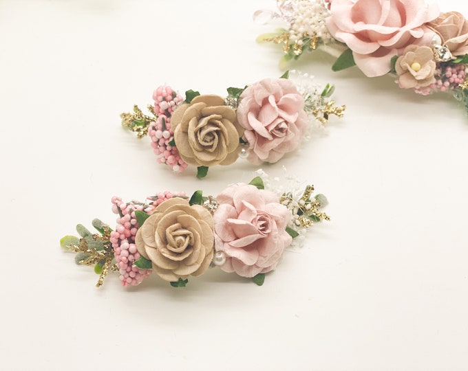 Floral Hair Clips, Pigtail Clips, Pigtail Bows, Piggy Set, Hair Clips, Wedding Clips, Floral Hairpiece, blush pink and beige