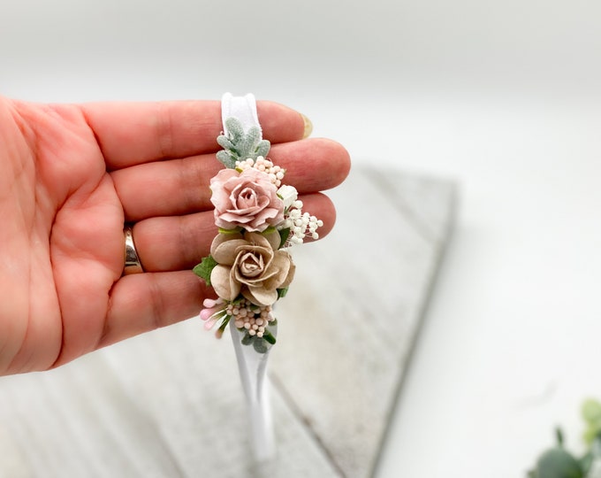 Petite pink floral baby headband, Newborn Headband, Dainty Headband, Baby Girls Headband, Newborn Flower Crown, Baptism baby headband