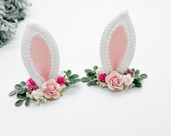 Pink Bunny Ears Hair Clips, Easter Headband, Baby Bunny Ears Clips, Bunny Ears for girls, Baby Easter Hair Clips. Woodland Easter Bunny