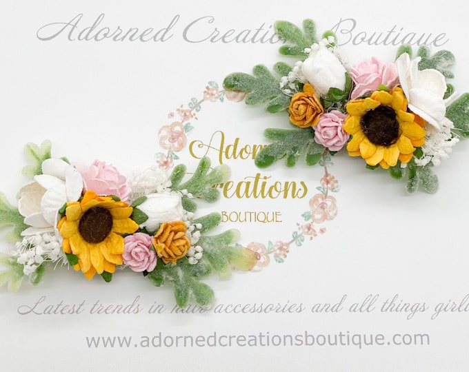 Floral Hair Clips,Flower Hair Clips, Pigtail Bows,Piggy Set, Hair Clips,Wedding Hair Clips, Floral Hairpiece,Sunflower Clips