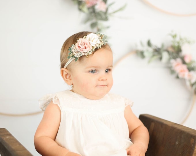 Blush Pink and Gold newborn Headband,  flower crown, Baby Girl headband, Flower Girl Headband, Wedding Headband, Photography Prop, Hair Clip