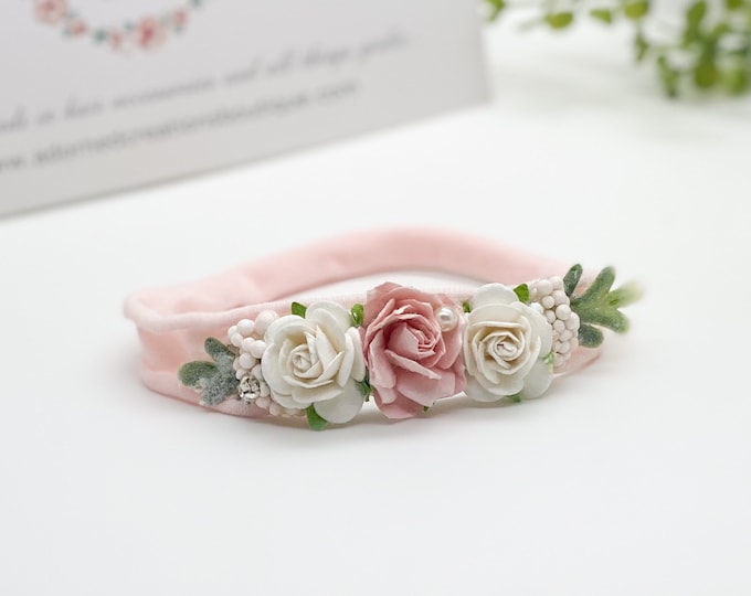 Petite blush pink Baby Headband, Newborn Headband, Nylon Headband, Baby Girls Headband, Newborn Flower Crown, Pink baby headband