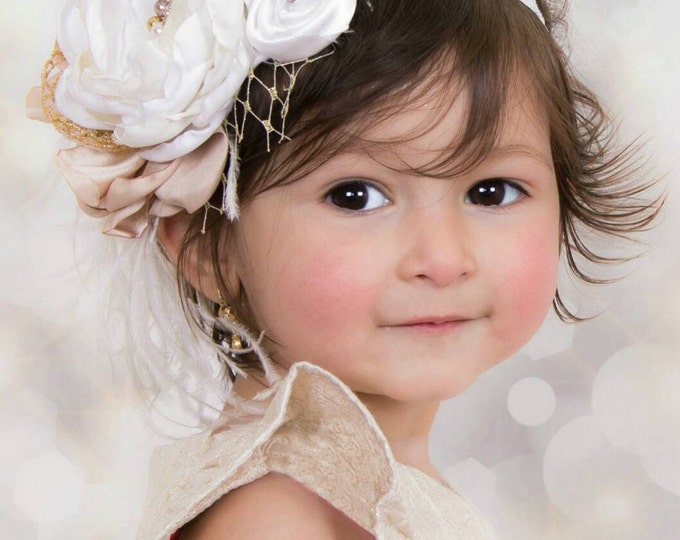 White Ivory Gold Wedding headband,Baby Headband,Christening Headband,Baptism Headband, Photography Props,Flowergirl Headband