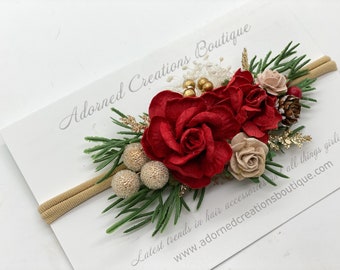 Christmas Baby Headband, Red and gold flower Headband, Christmas newborn Headband, Newborn Photo prop