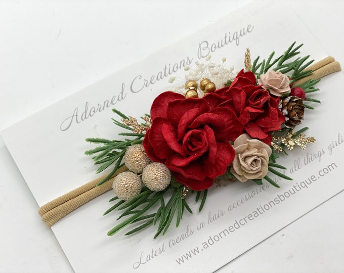 Christmas Baby Headband, Red and gold flower Headband, Christmas newborn Headband, Newborn Photo prop