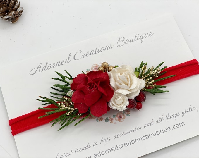 Christmas Baby Headband, Red flower Headband, Christmas newborn Headband, Newborn Photo prop