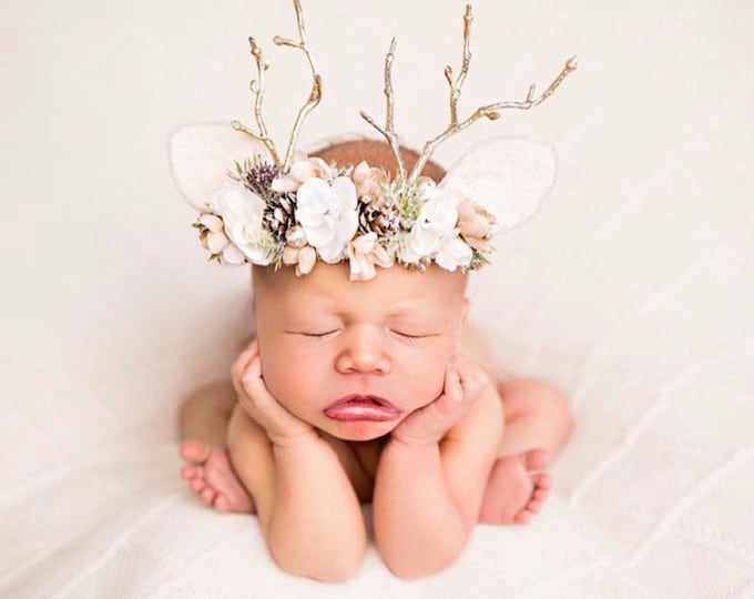 Newborn Reindeer Flower Crown, Reindeer Headband, Newborn Photo Prop, Christmas Headband, Neutral colored Flower crown