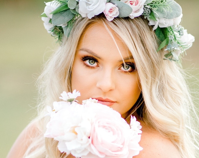 Wedding Flower Crown, Bridal Flower Crown, White and Pink Flower Crown, Flower Girl Crown. Maternity Crown