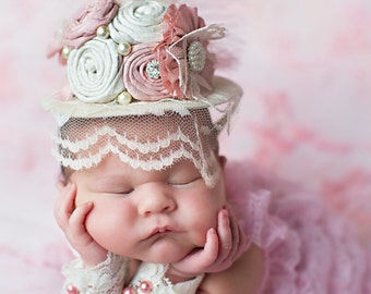 Vintage Pink and Cream Mini Top Hat for Newborn to Adult, Baby Crown Hat, Baby hats, girls hats, easter hats, baby girl hats