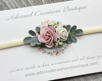 Petite blush pink and white baby Headband, Newborn Headband, Wedding Headband, Baby Girls Headband, Newborn Flower Crown, Pink baby headband
