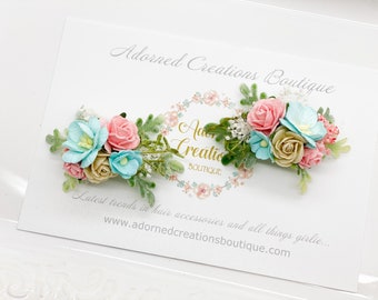 Floral Hair Clips, Pigtail Clips, Pigtail Bows, Piggy Set, Hair Clips, Wedding Clips, Floral Hairpiece, Aqua Blue, Coral and beige