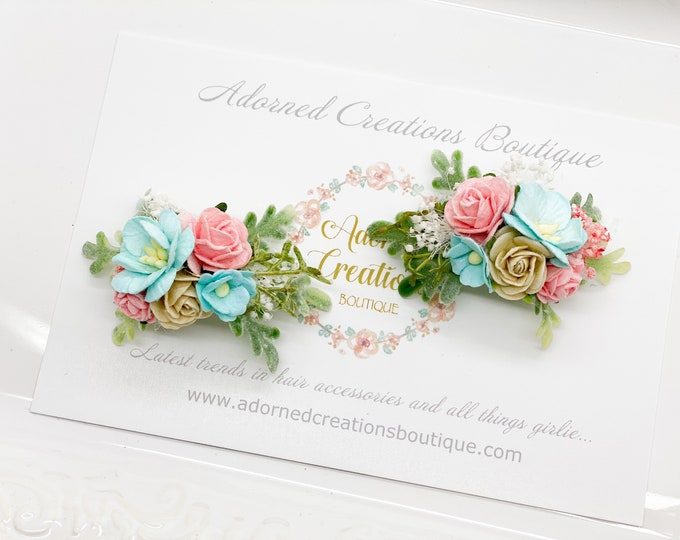 Floral Hair Clips, Pigtail Clips, Pigtail Bows, Piggy Set, Hair Clips, Wedding Clips, Floral Hairpiece, Aqua Blue, Coral and beige