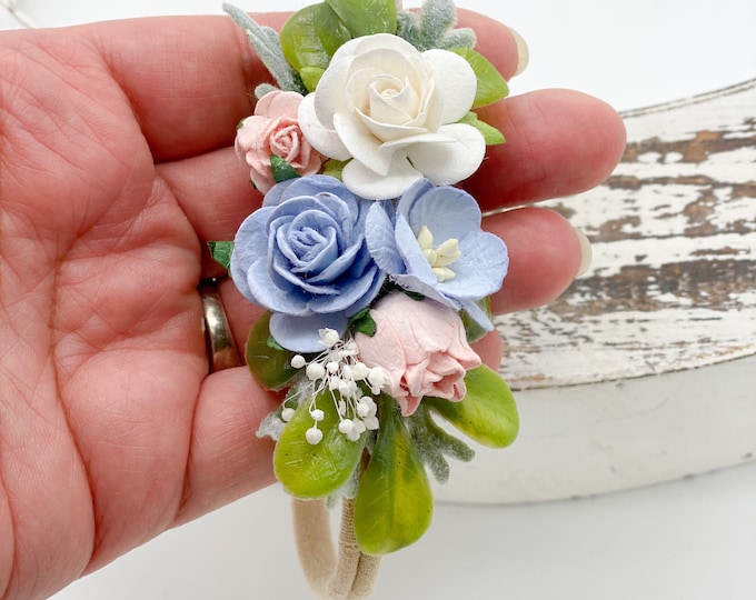 Blush Pink and Blue Baby Headband - Girls Headband - Newborn Flower Crown - Flower Girl Headband - Wedding Headband - Flower Crown